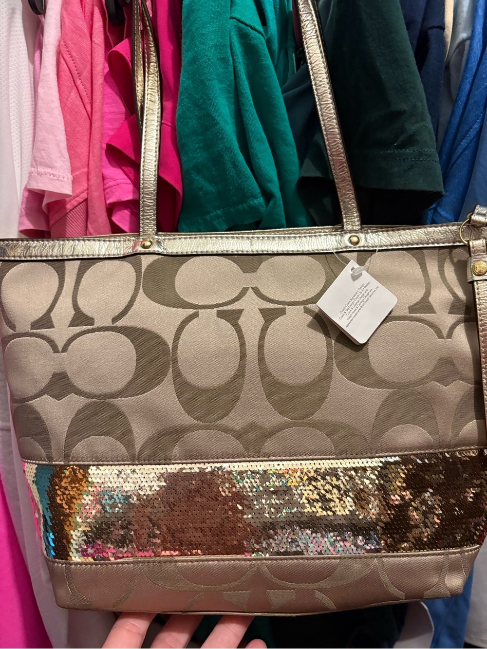 Coach Signature Tote with Gold Trim and Sequin Stripe